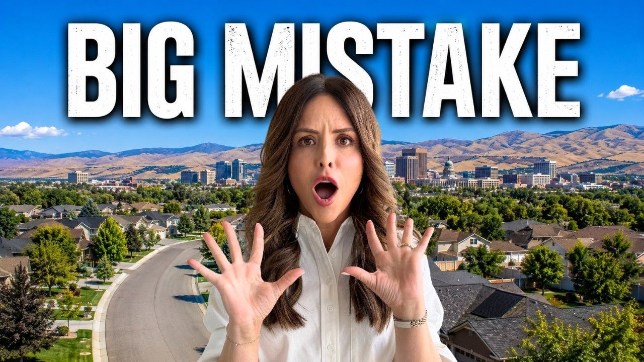 Woman with surprised expression over suburban cityscape, with “BIG MISTAKE” text at top.