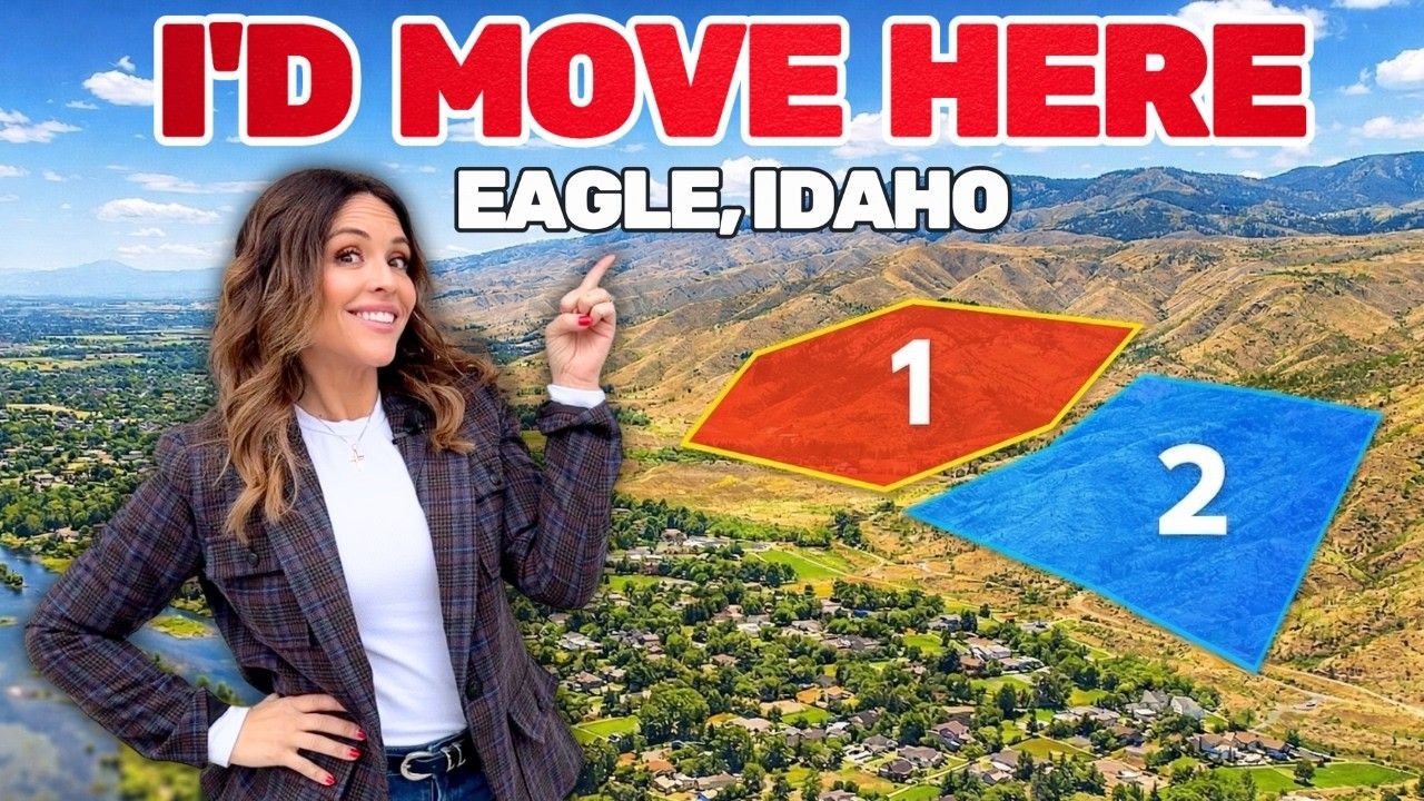 “You can’t move here” promo with smiling woman pointing over Eagle, Idaho hills and lots labeled 1 and 2