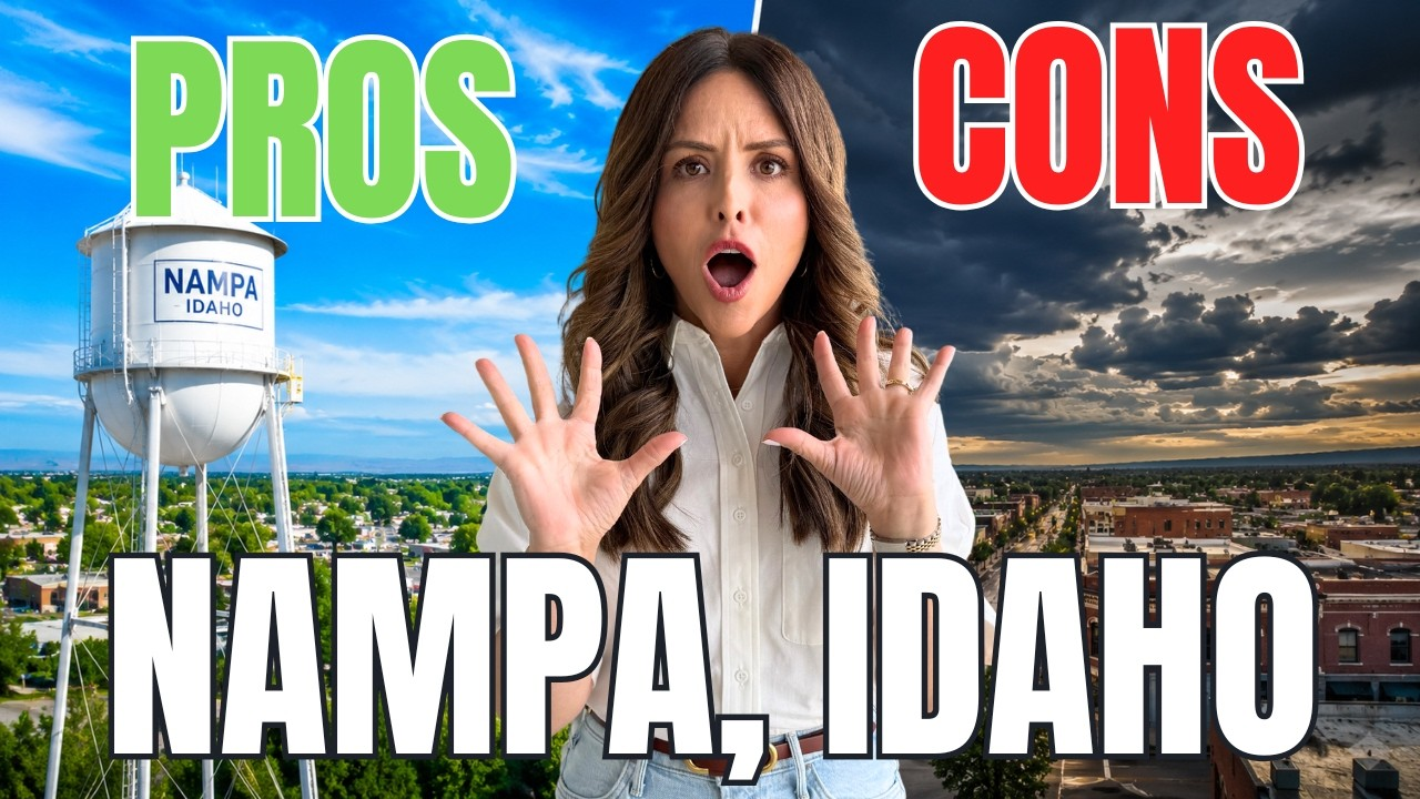 Pros and cons graphic for Nampa, Idaho, with a shocked woman between blue sky and stormy cloud backgrounds