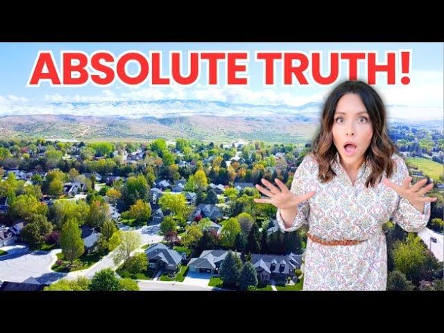 Woman with surprised expression, outstretched hands, in front of suburban houses, text 