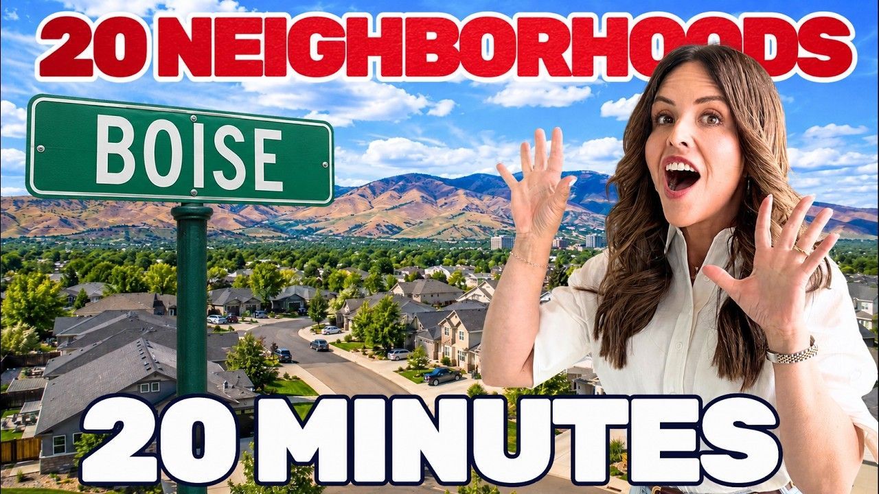 Boise neighborhood sign with city skyline and a surprised woman, text: “20 NEIGHBORHOODS” and “20 MINUTES”