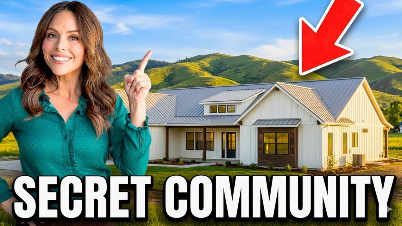 Woman points toward a white house in a green valley, advertising a 