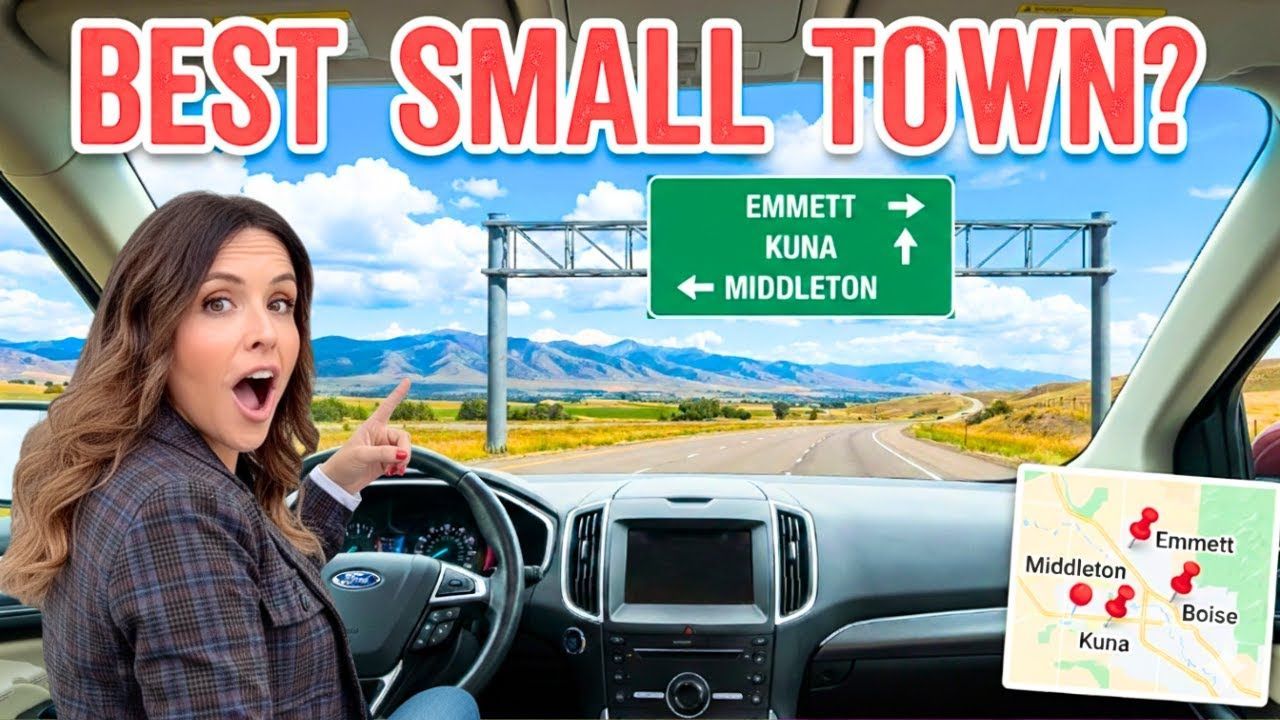 Woman in car points to road sign with destinations: Emmett, Kuna, and Middleton.