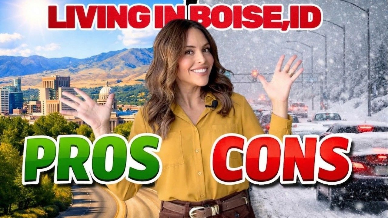 A woman gestures between a sunny cityscape of Boise on the left and a snowy, traffic-filled road on the right.