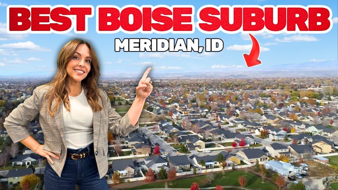 Woman pointing towards the Meridian, ID suburb in Boise, ID. The suburban houses are visible from an aerial perspective.