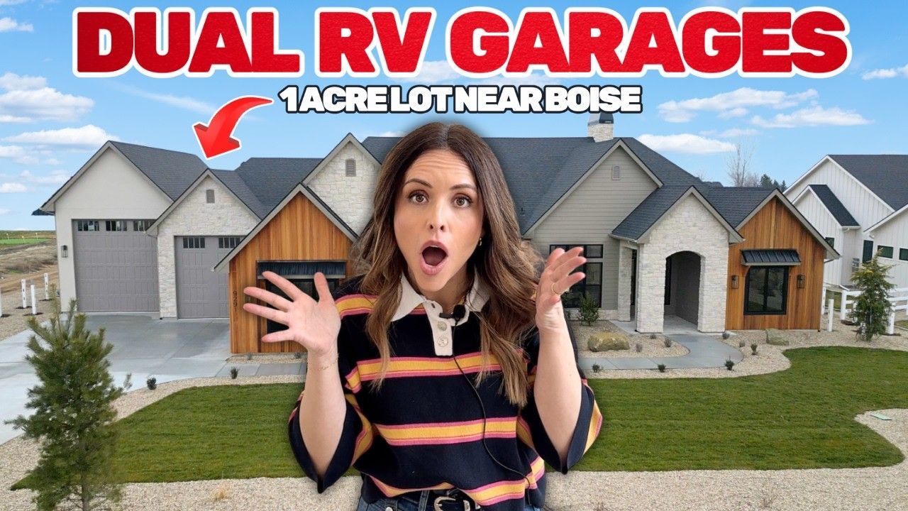 A woman with an expressive face stands before a modern house with dual RV garages on a large lot near Boise.