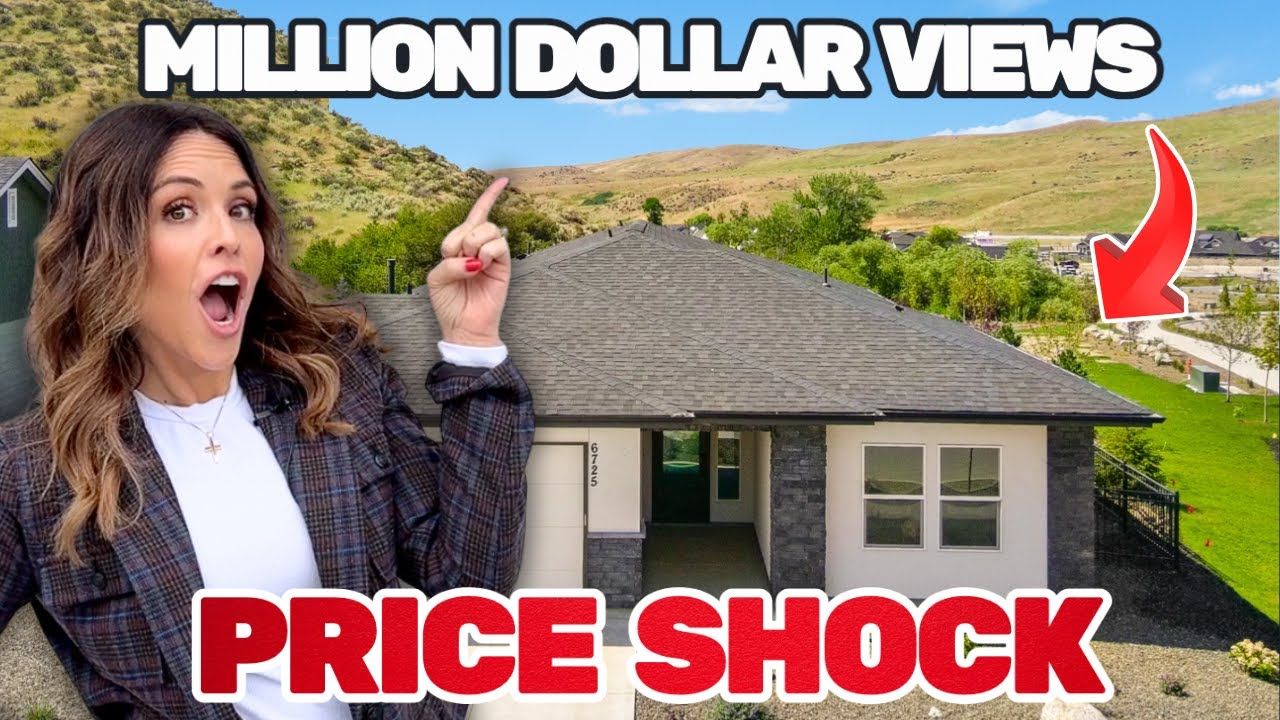 Woman pointing at a house with text