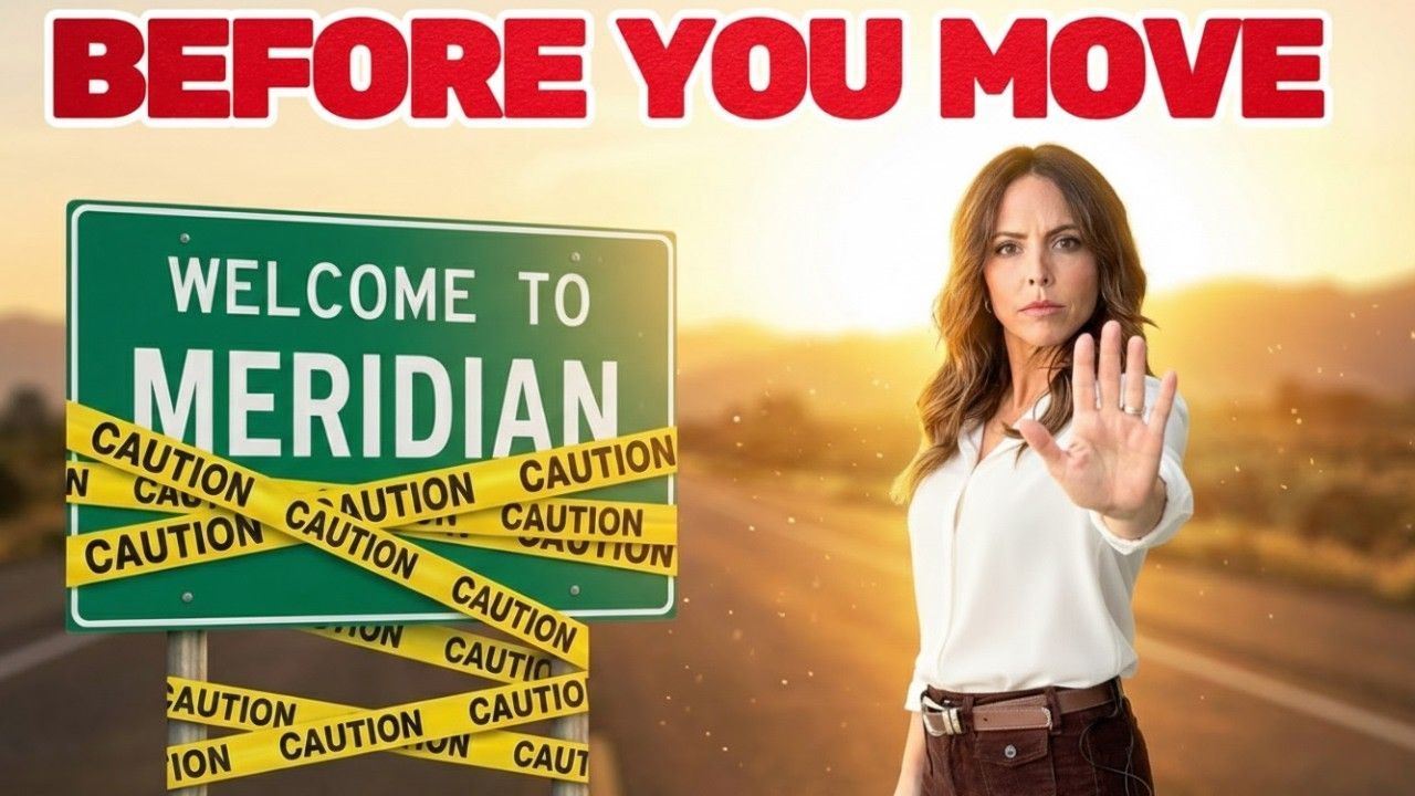 Woman stopping you from entering Meridian. Road sign says