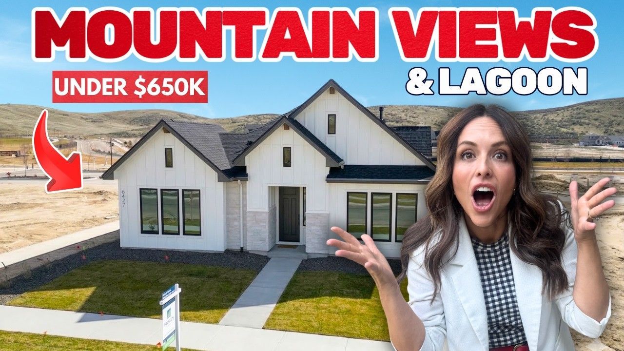 A woman reacts excitedly in front of a white suburban house with mountain views, labeled under $650k.