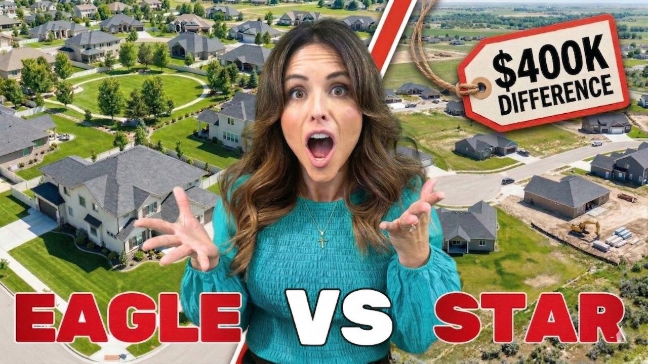 A woman reacts in front of an aerial view of two neighborhoods with the text 