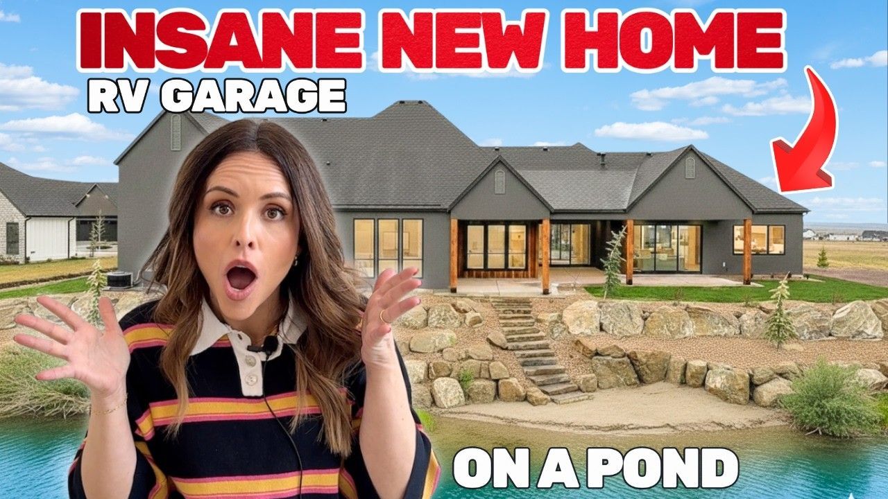 Woman with surprised expression in front of a modern house on a pond, RV garage, text 