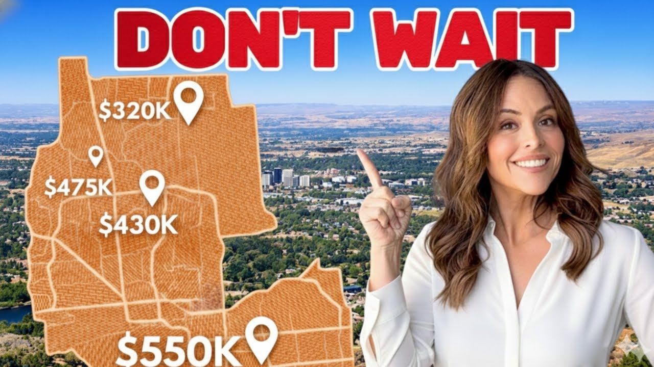 Woman pointing at a map with price points overlaid on a cityscape;