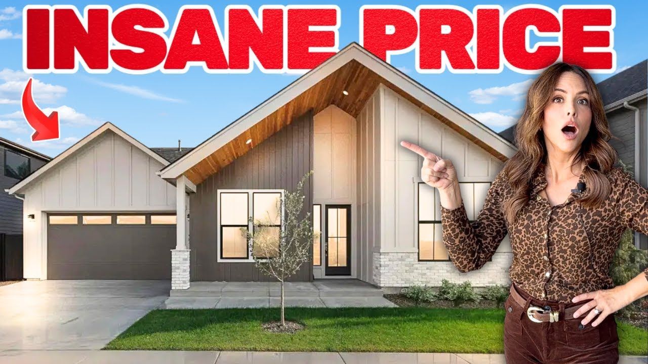 Woman points at a modern home, text