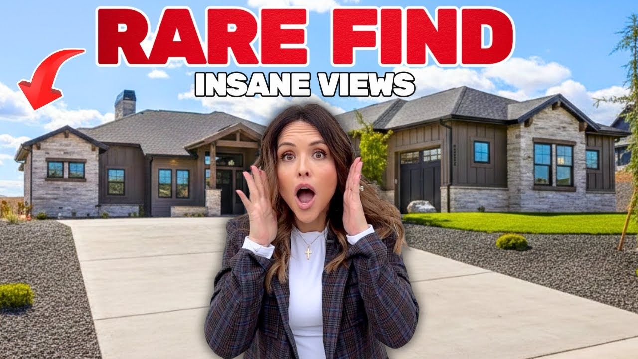 Woman with surprised expression in front of a modern house, text 