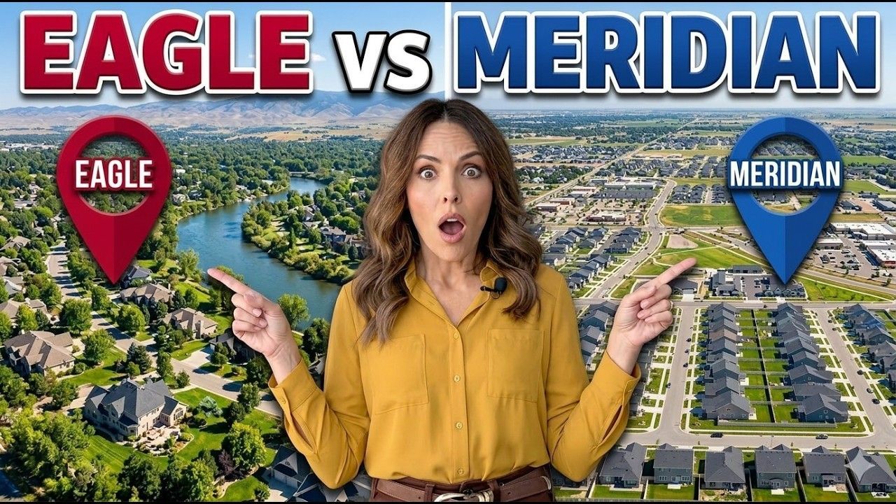 A woman points at two aerial landscape photos labeled