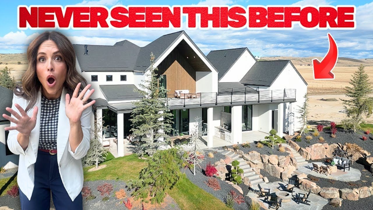 Woman with surprised expression in front of a modern house; red text 