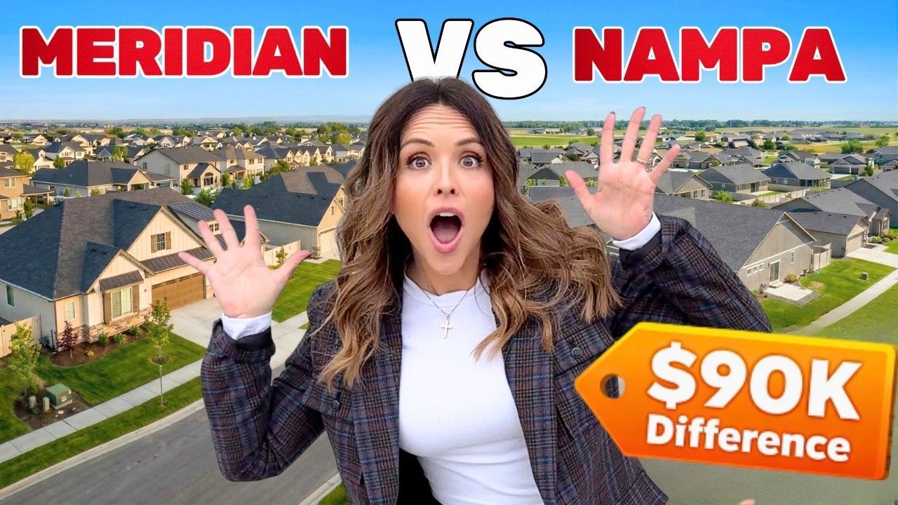 A woman with an surprised expression in front of suburban houses with text 