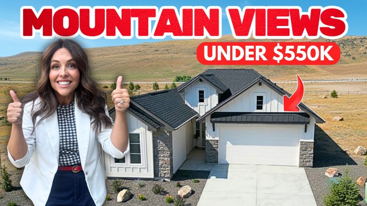 Woman giving thumbs up next to house with mountain views, text states