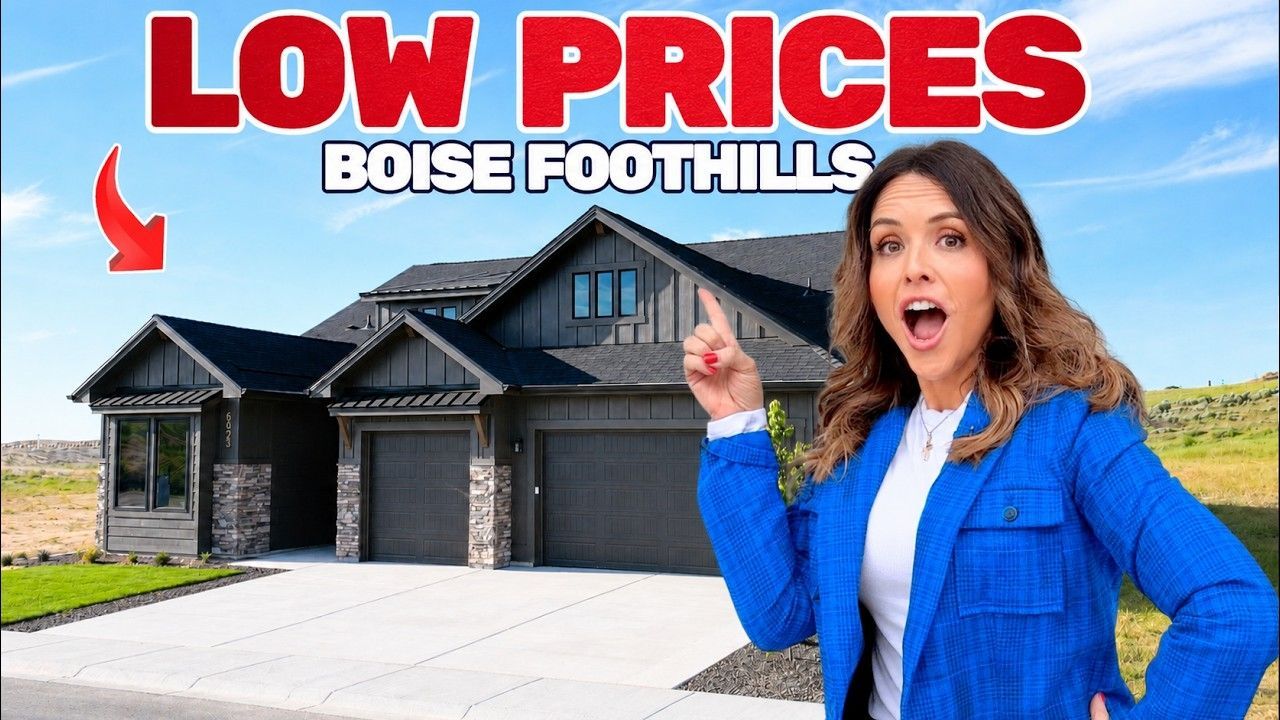 “Low Prices” text over a suburban house; woman in blue jacket points excitedly at the home.