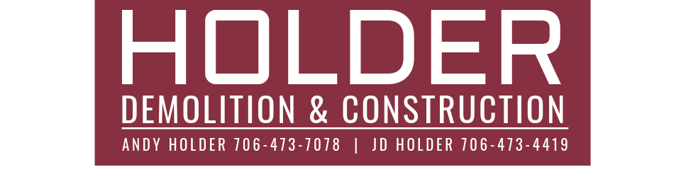 Logo for Holder Demolition & Construction, featuring contact numbers for Andy and JD Holder on a maroon background.