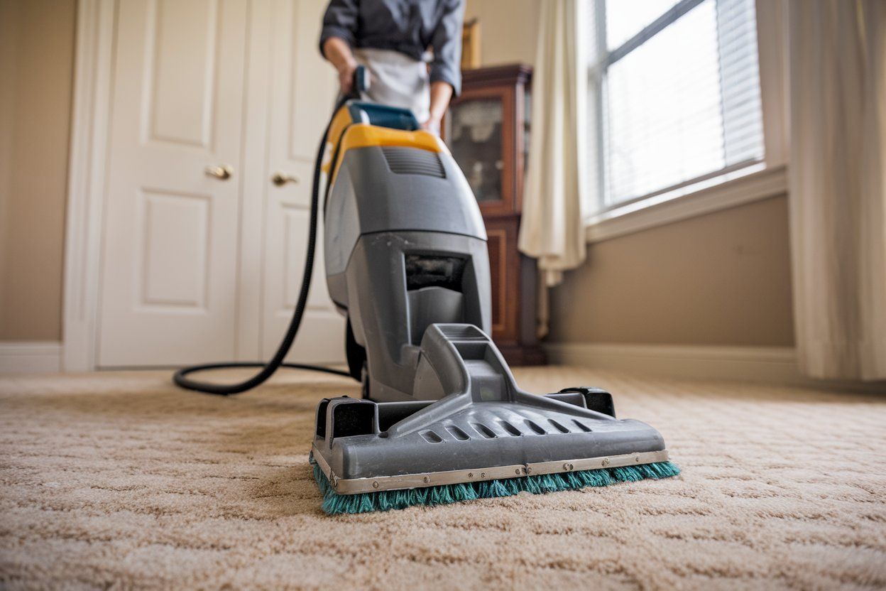 Person vacuuming beige carpet with a cleaning machine in a room.