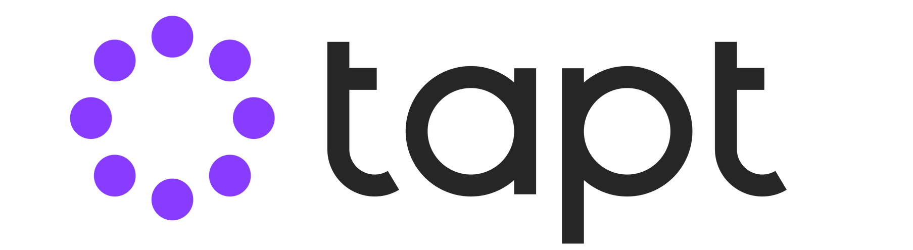 A logo for tapt with purple dots on a white background.