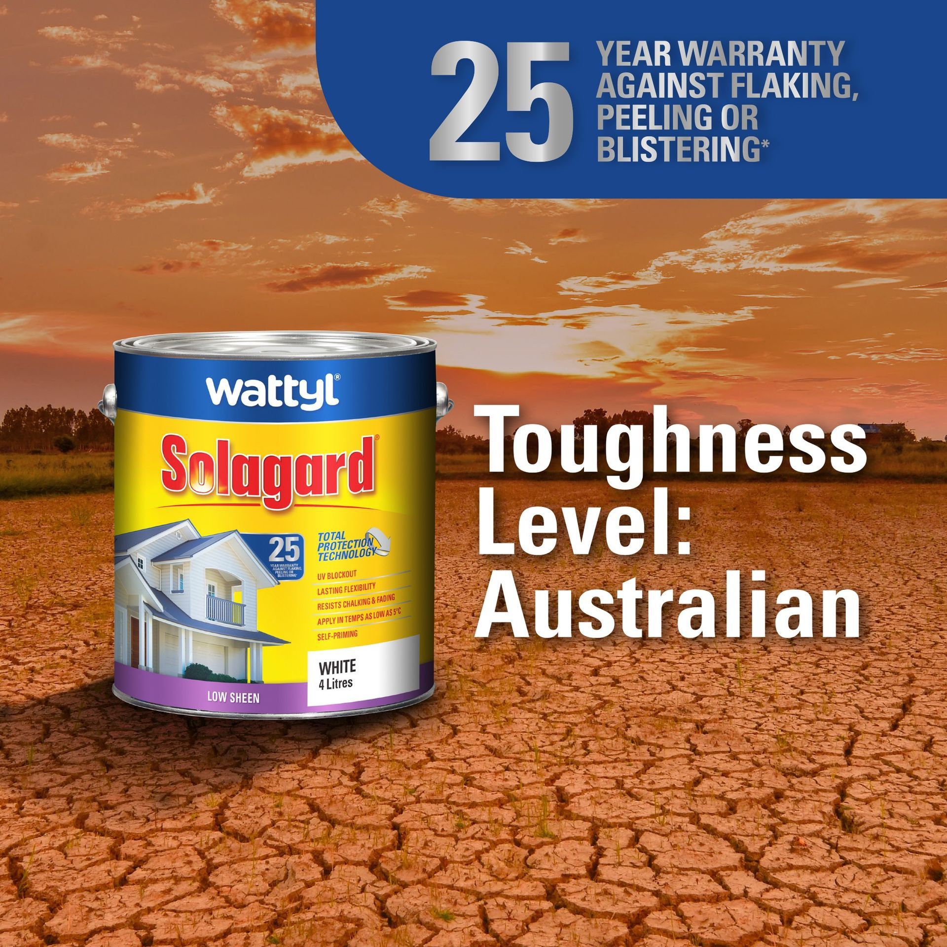 Paint can with Solagard and 25-year warranty on dry, cracked earth. Toughness Level: Australian.