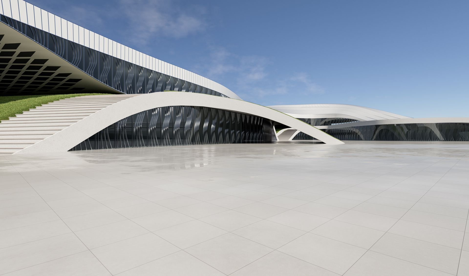 Modern white building with arched structures, glass walls, and a tiled plaza under a blue sky.