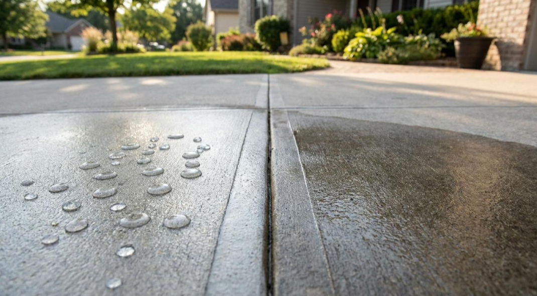 Wet driveway with a dry strip down the center, reflecting sunlight near a suburban home