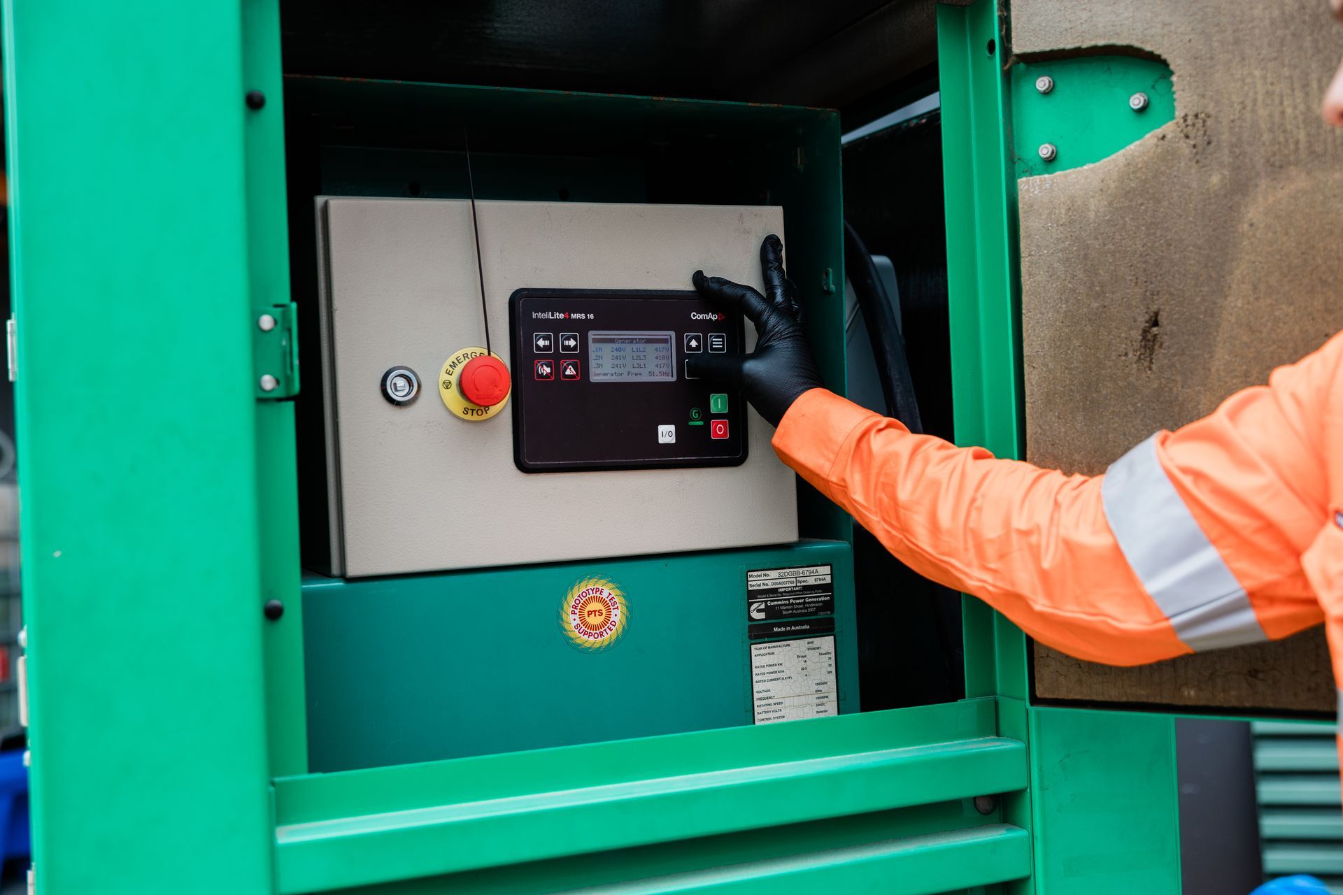 Person in orange safety gear operates generator control panel — API Engineering in Charmhaven, NSW