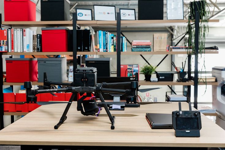 Drone on a desk with remote and laptop, in front of a shelf filled with office supplies.