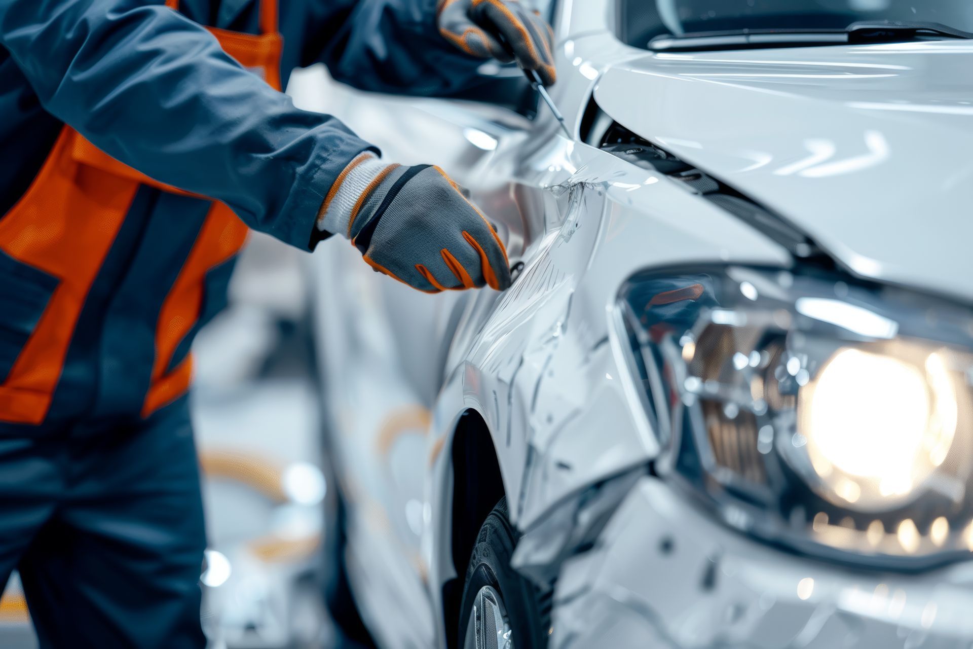 A man is working on a damaged car in a garage.