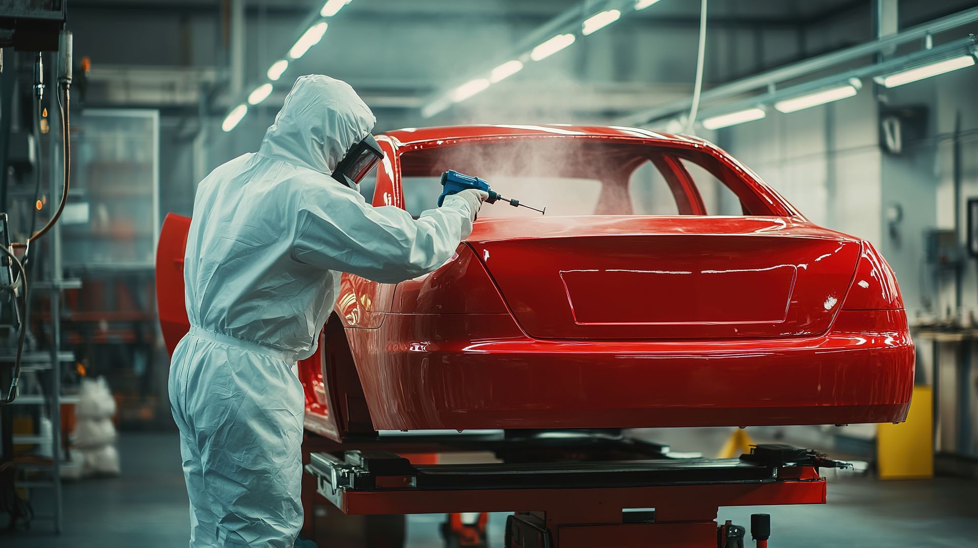 A man in a protective suit is painting a red car in a factory.