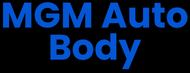 The logo for mgm auto body is blue on a black background.