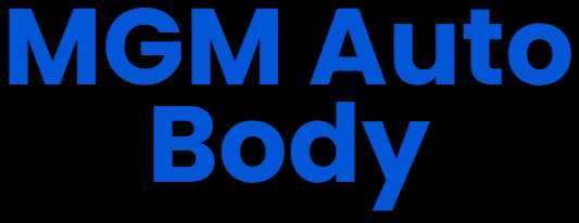 The logo for mgm auto body is blue on a black background.