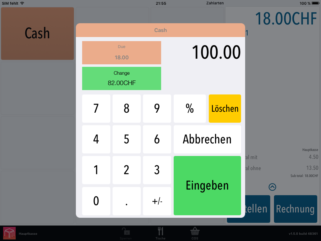 Verknüpfung mit SumUp ist möglich, Tasten für  Gutscheine und ähnliches auf Anfrage