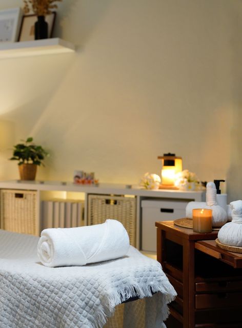 Cozy spa treatment room with massage table, rolled white towel, warm lamp, and wooden storage cabinets