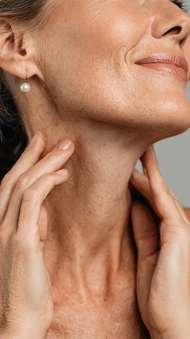 Close-up of a person gently applying skincare to the neck and jawline