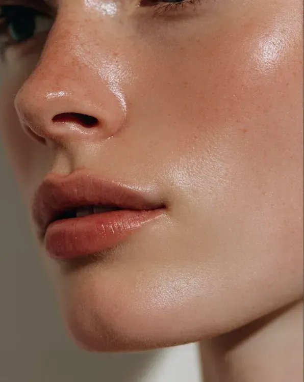 Close-up of a glossy cheek and lips on a face against a plain background
