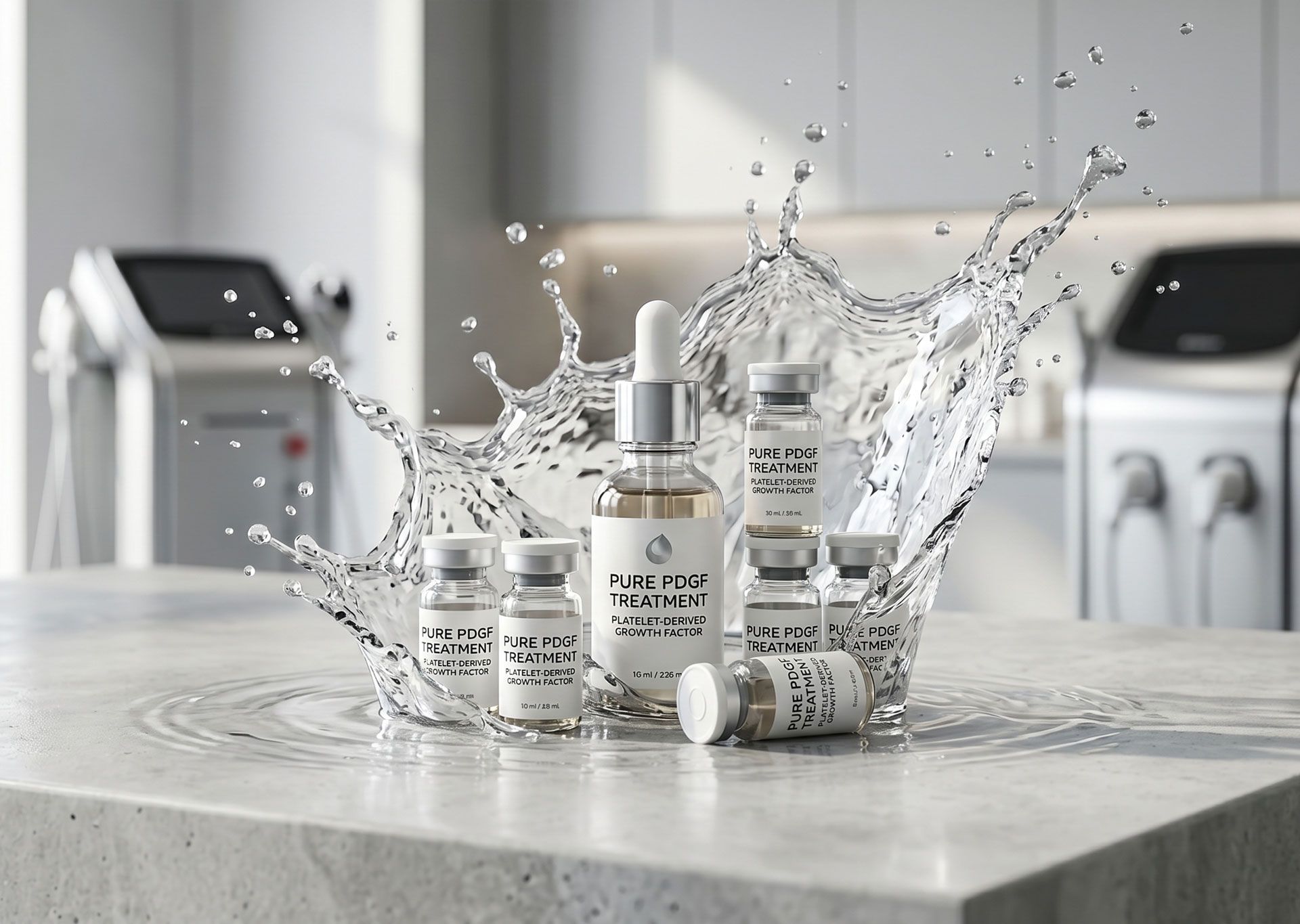 Skincare bottles and jars on a marble counter with water splashing around them