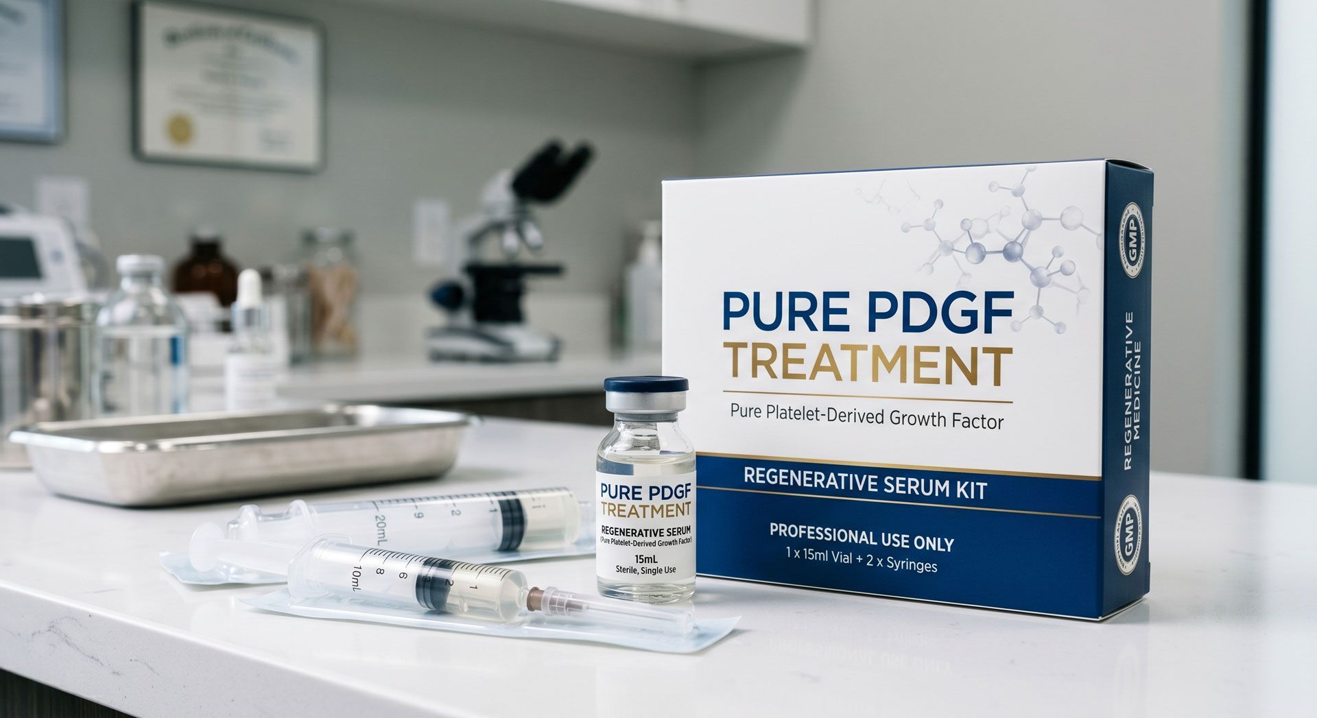 PURE PDGF TREATMENT box on a lab counter with syringe and medical supplies in a clinic.