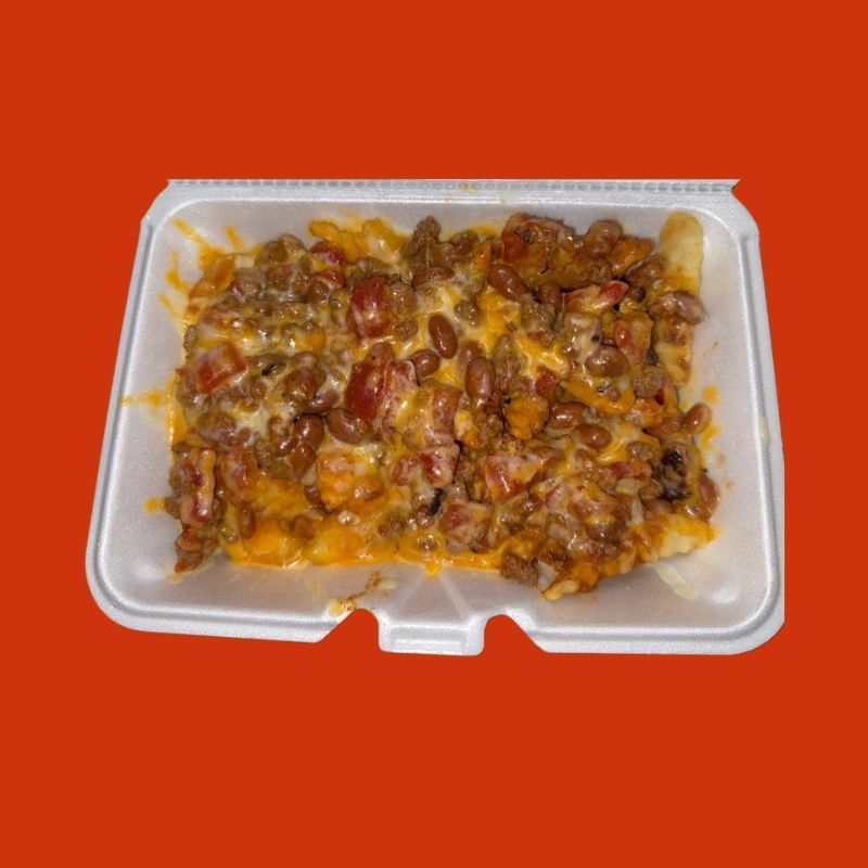 A styrofoam container filled with chili fries
