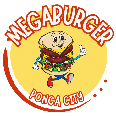A logo for megaburger shows a cartoon hamburger giving a thumbs up
