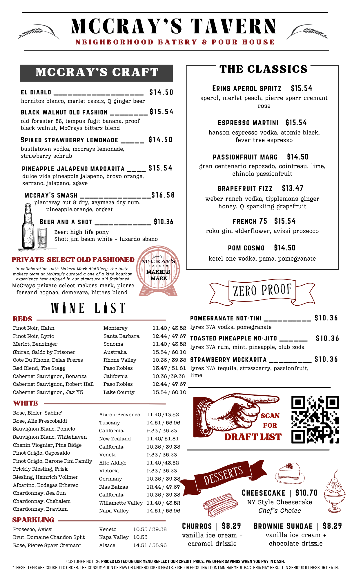 A menu for a restaurant called mccay 's tavern with a wine list.
