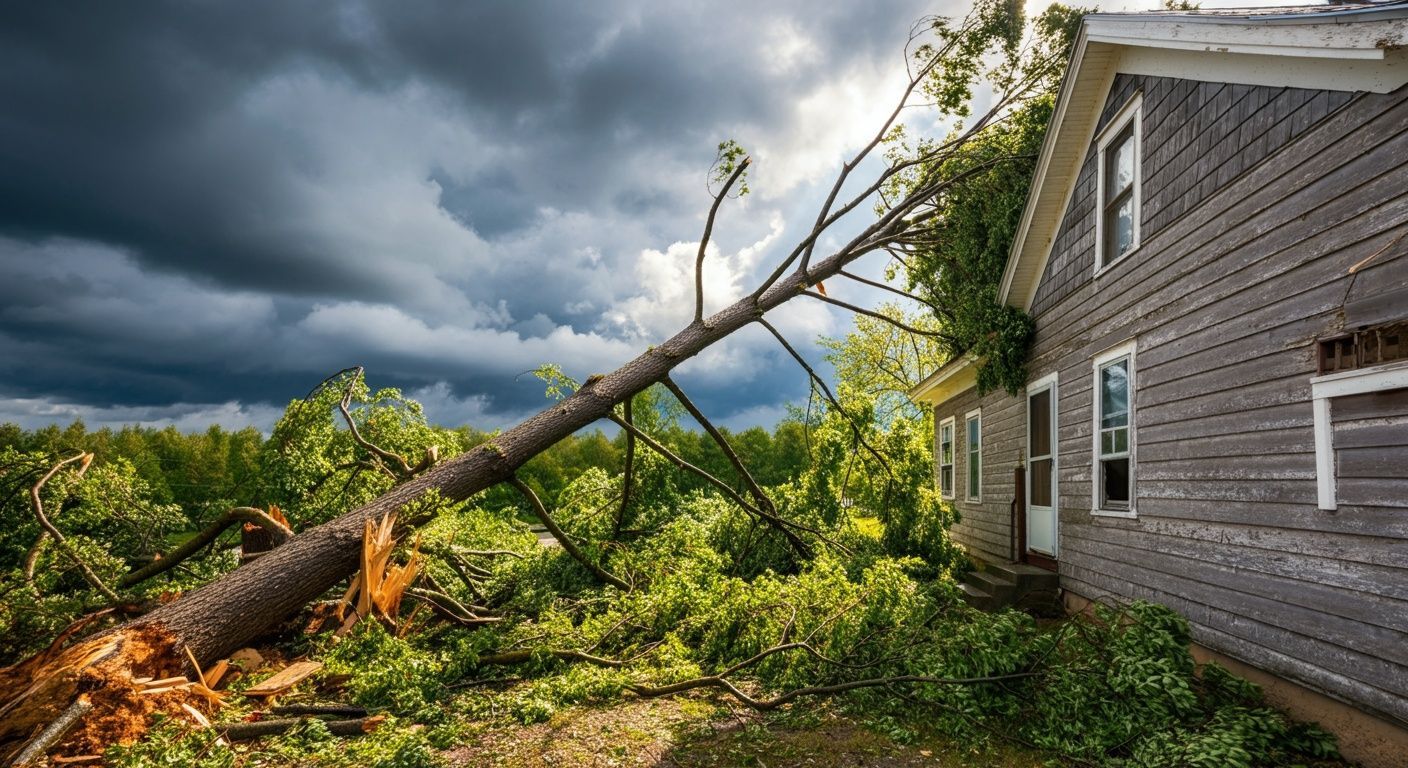 A tree has fallen on a house during a storm.
