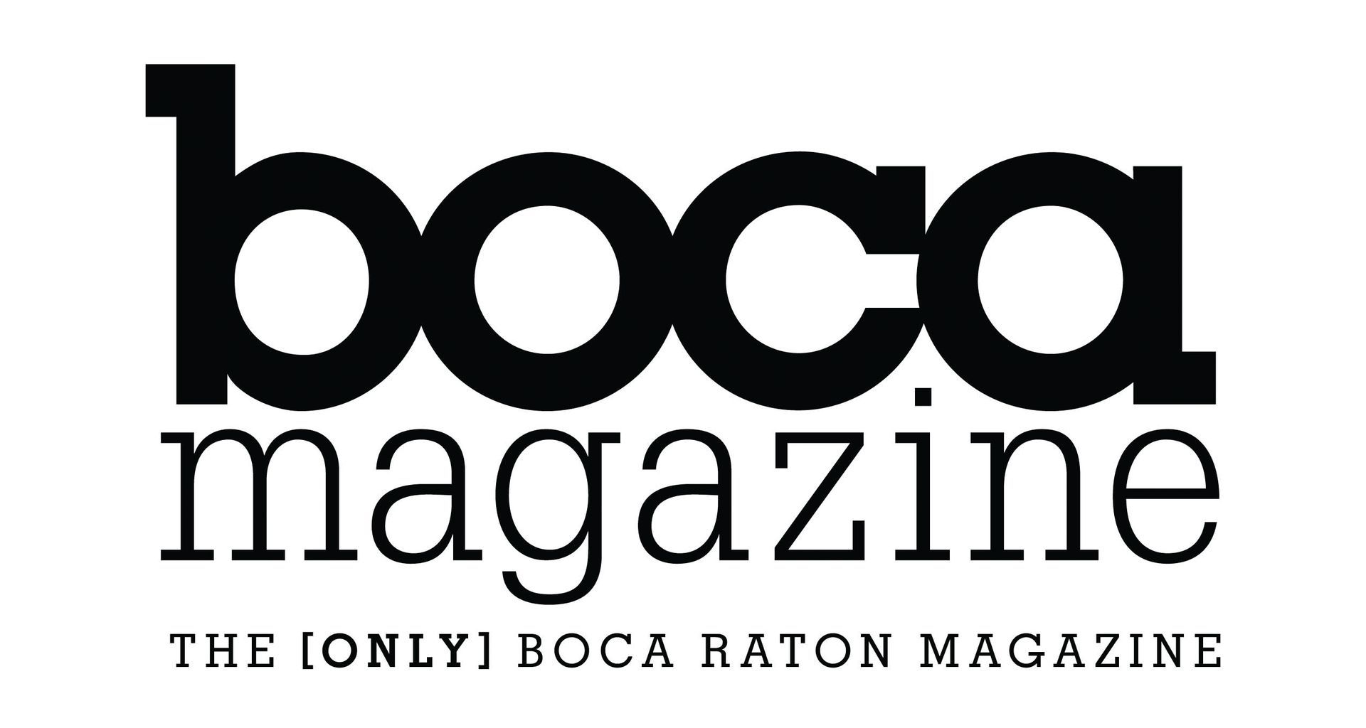 The logo for boca magazine is black and white and says the only boca raton magazine.