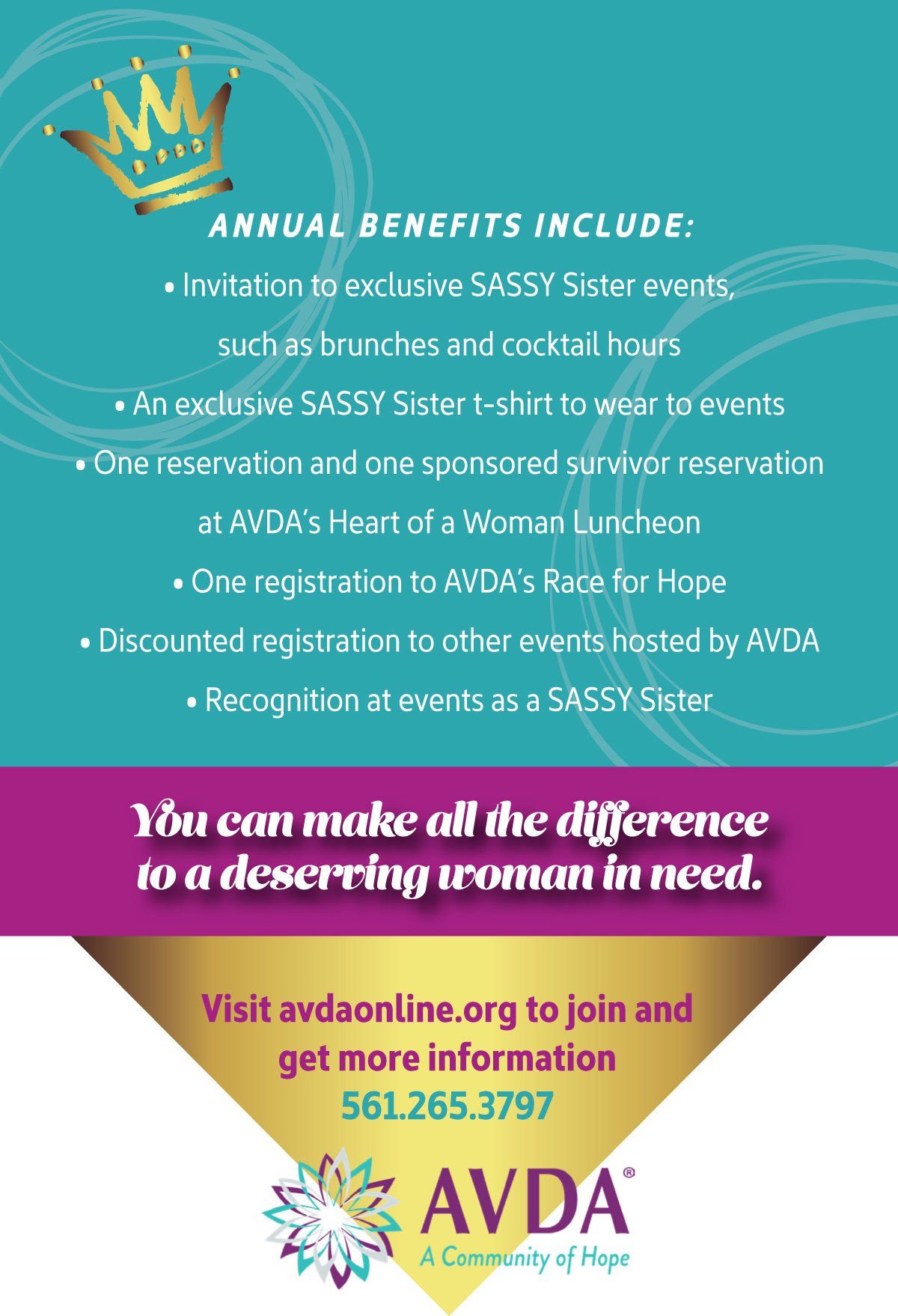 A flyer for avda says that annual benefits include invitation to exclusive sassy sister events