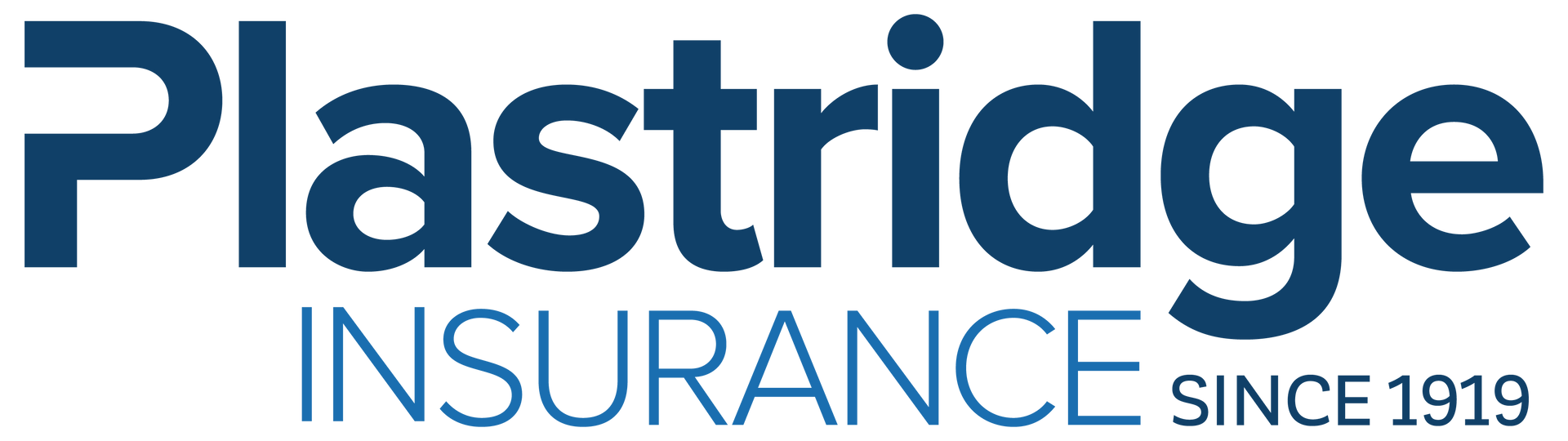 The logo for plastridge insurance since 1919 is blue and white.