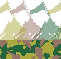A camouflage pattern with silhouettes of people holding flags.