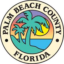 The palm beach county logo is a circle with a palm tree in the middle.